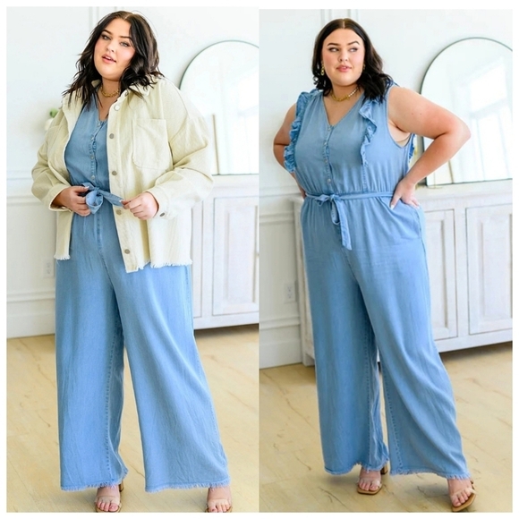 NWT Hayden Blue Tencel Buttoned Ruffle Tank Frayed Wide Leg Belted Jumpsuit - Picture 2 of 15